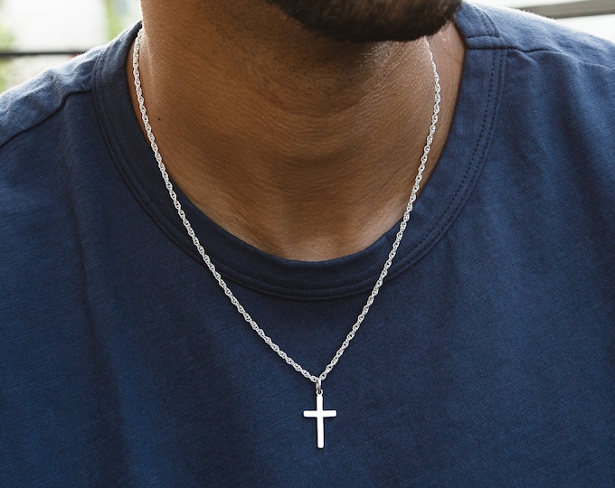 Sterling Silver Cross Pendant Necklace for Men on 925 Silver Rope Chain