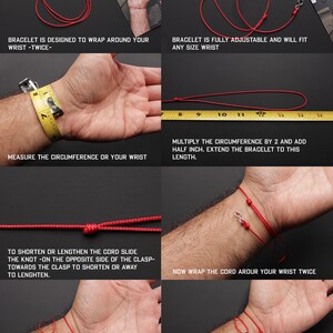 May include: Instructions on how to adjust a minimalist red cord bracelet with a silver clasp. The instructions include measuring your wrist, adjusting the cord length, and wrapping the bracelet around your wrist twice.