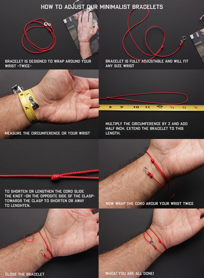 May include: Instructions on how to adjust a minimalist red cord bracelet with a silver clasp. The instructions include measuring your wrist, adjusting the cord length, and wrapping the bracelet around your wrist twice.