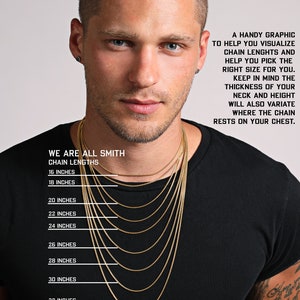 May include: A graphic showing different chain lengths for necklaces, ranging from 16 to 32 inches. The graphic features a model wearing the chains to show how they would look on a person.