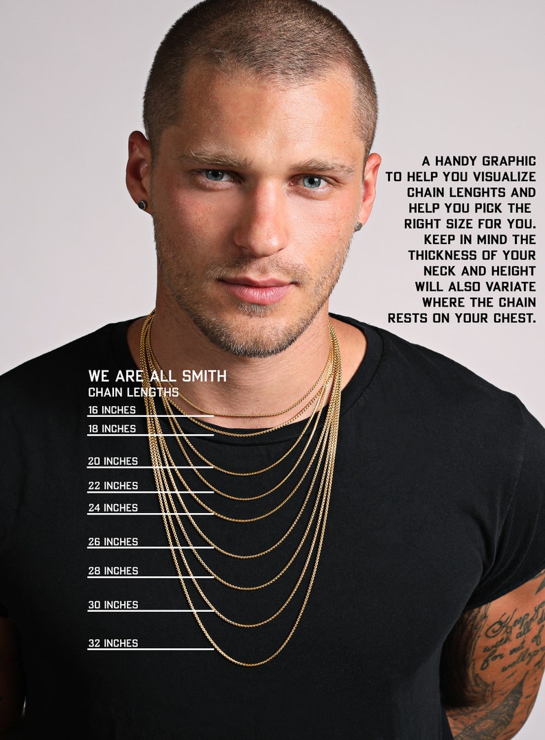 May include: A graphic showing different chain lengths for necklaces, ranging from 16 to 32 inches. The graphic features a model wearing the chains to show how they would look on a person.