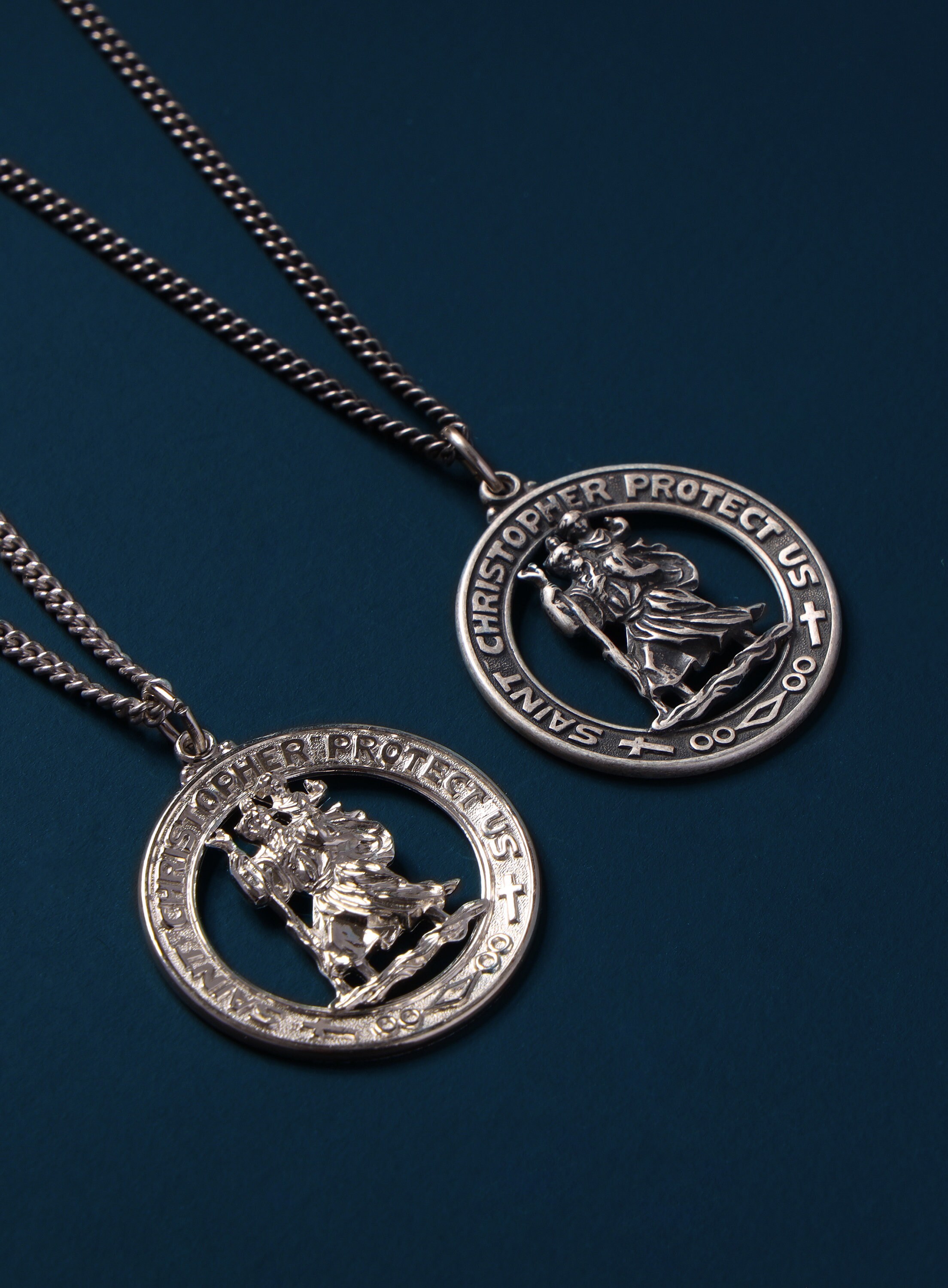Saint Christopher Round Sterling Silver Pendant Necklace - Oxidized or ...
