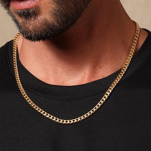 Gold Cuban Chain / 5mm 14k Gold plated over 316L Stainless Steel Bevel Cuban Thick Man Chain / Men's Gold Chains / Gifts for Guys, Son, BFF image 3