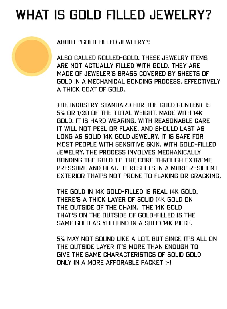 Puede incluir: Texto que explica la diferencia entre la joyer&iacute;a de oro macizo y la joyer&iacute;a de oro chapado. Indica que la joyer&iacute;a de oro chapado est&aacute; hecha con una capa gruesa de oro de 14 quilates unida a un n&uacute;cleo de lat&oacute;n, lo que da como resultado una pieza duradera y de larga duraci&oacute;n. El texto tambi&eacute;n menciona que el contenido de oro es del 5% o 1/20 del peso total.
