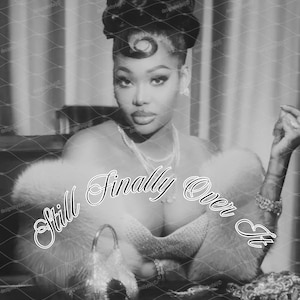 May include: Black and white photograph of a person wearing a fur stole, jewelry, and a beaded top. The text "Still Finally Over It" is overlaid on the image. The person has their hair styled in an updo.