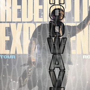 May include: Poster for "The Rod Wave Experience" tour. The image features a person with sunglasses and a bandana, with the words "The Rod Wave" vertically stacked. The background has the words "Redemption Experience" and "Tour".
