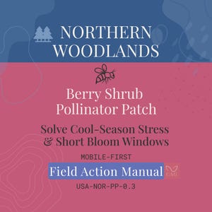 Könnte beinhalten: Eine Grafik mit einem blau-rosa Farbschema. Der Text lautet "NORTHERN WOODLANDS" über "Berry Shrub Pollinator Patch". Darunter steht "Solve Cool-Season Stress & Short Bloom Windows". Es steht auch "Field Action Manual".