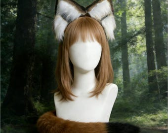 Brown Fox Ears and black Tail Set,Furry Cosplay headband Set for Convention and gift,Animal Costume Accessory, pet play Cosplay Costume