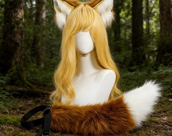 Kemonomimi Requisiten Fuchs Ohren und Schwanz Cosplay Set, rot braun lila pelzigen Ohr Stirnband, Tier Cosplay Kostüm, Schwanz Harness