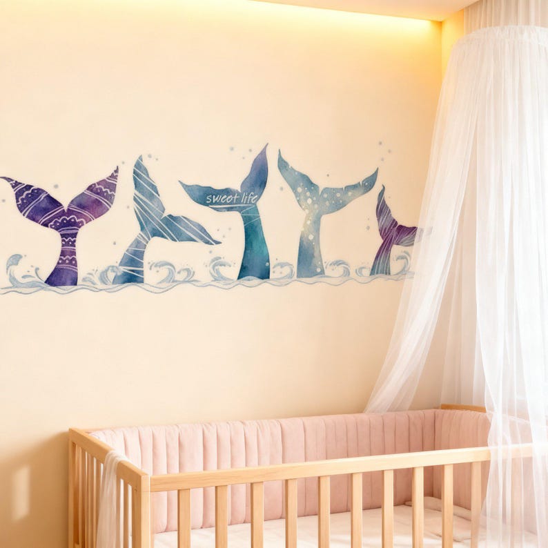 Watercolor Whale Tail Wall Decal, Nautical Ocean Nursery Decor, Coastal ...