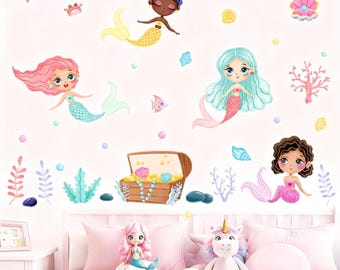 underwater Mermaid Wall Decals , Girls Room Ocean Decor , Underwater Nursery Stickers,Peel and Stick Mural , Kids Room wall Art