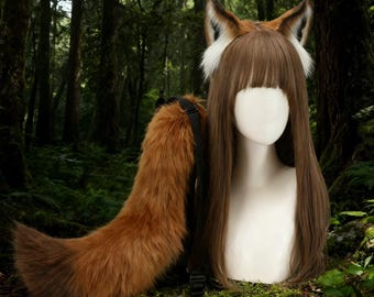 Conjunto de orejas de zorro marrón y cola grande, conjunto de cosplay peludo para convenciones y regalo de Navidad, accesorio de disfraz de animal, disfraz de cosplay para mascotas.