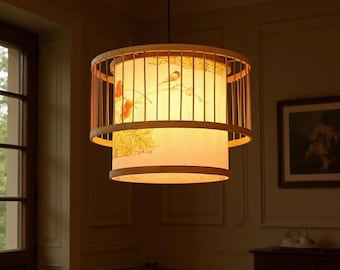 Handmade Pendant Light – Wooden Frame Lantern with Hand-Painted Birds, Floral Shade, Wabi Sabi Ceiling Lamp for Dining, Living Room