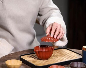 Handmade Lotus Purple Clay Travel Tea Set, 5-Color Zisha Portable Gongfu Tea Kit