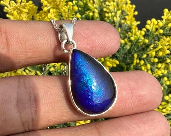 Lab Grown Labradorite Teardrop Pendant, Sterling Silver Necklace