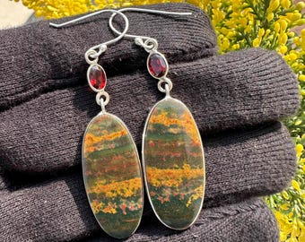 Dragon Blood Jasper & Garnet Cut Natural Gemstone Earring, 925 Sterling Silver Handmade Dangle Drop Earring Set, Amazing Jasper Jewellery