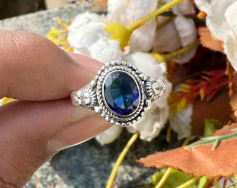 Anillo ovalado de zafiro azul indio natural / Hecho a mano en plata de ley 925, piedra natal de septiembre