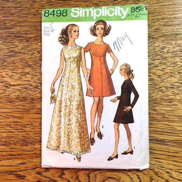 MOD 1960s Empire Line Evening Gown (Maxi or Mini Length) - Choose Size (12 or 14) - VINTAGE Sewing Pattern Simplicity 8498