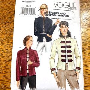 May include: Vogue Patterns sewing pattern showing three jacket designs in black, burgundy, and cream. The pattern includes sizes 6, 8, and 10. The text "FABRICLAND NO RETURN NO REFUND" is visible on the pattern.