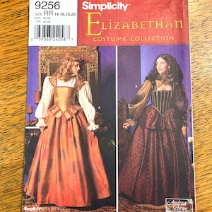 Peut inclure: Patron Simplicity 9256 de la collection de costumes élisabéthains. Le patron présente deux modèles de costumes élisabéthains. L'un a un corsage doré et une jupe couleur rouille. L'autre a un corsage noir et or et une jupe bordeaux.