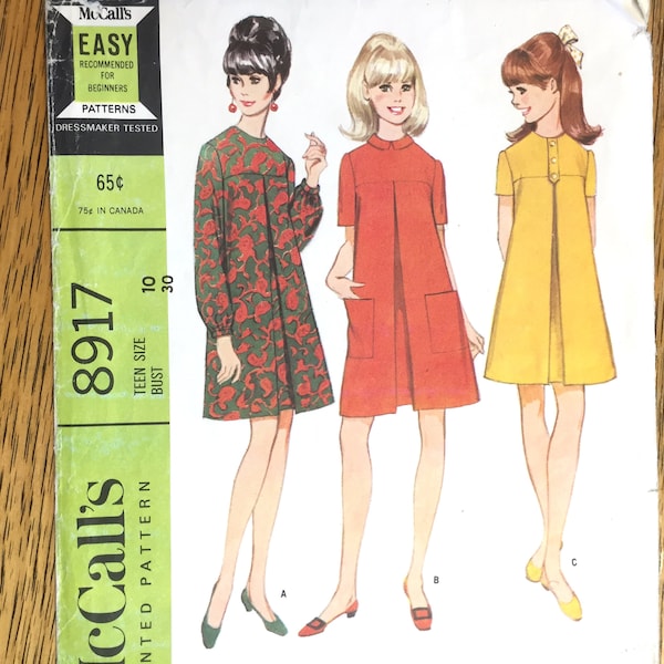 MOD 1960s A Line Tent Dress, EASY Color Block Frock - Teen Size 10 (Bust 30") - VINTAGE Sewing Pattern McCalls 8917