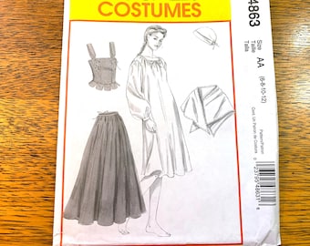 May include: A sewing pattern for a costume with a skirt, a top, a dress, a hat, and a shawl. The pattern is for sizes 6-8-10-12. The pattern number is 4863.