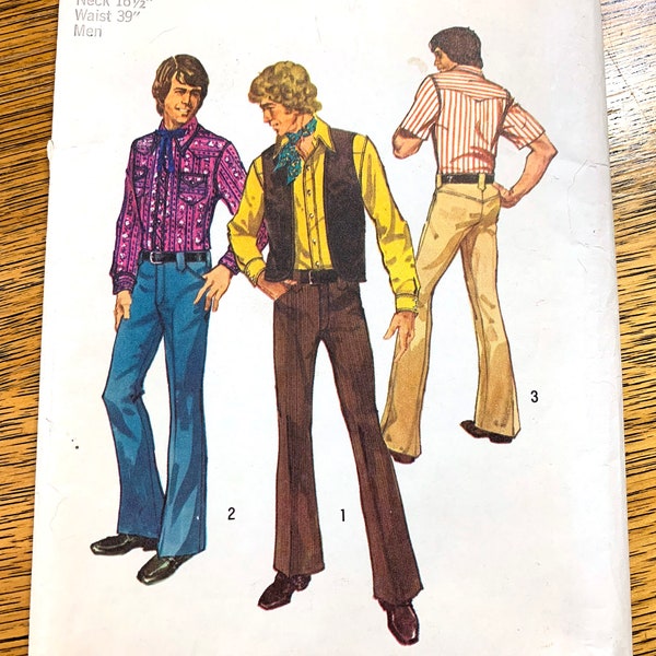 RETRO 1970s Western Shirt, Vest & Flared Blue Jeans - Size 44 - UNCUT ff Vintage Sewing Pattern Simplicity 5048