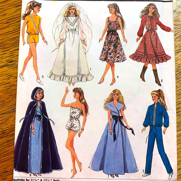 Vintage 1980s 11.5" Fashion Doll Wardrobe - Dresses, Jumpsuit, Wedding Gown - VINTAGE Sewing Pattern Simplicity 8333
