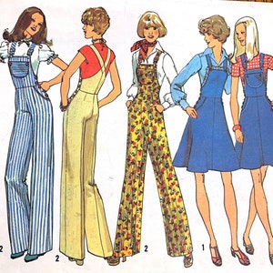May include: A vintage sewing pattern for overalls with two sizes, 5 and 7, for juniors with a bust size of 30 and 31 inches. The pattern shows four different styles of overalls, including a striped pair, a pair with a floral print, a pair with a solid colour, and a pair with a skirt.