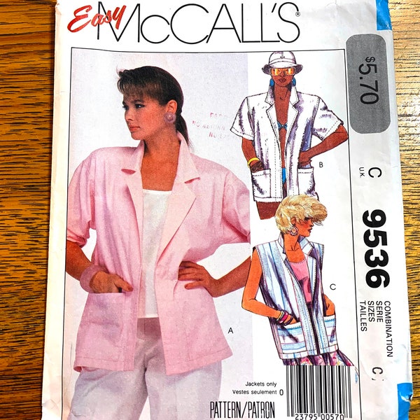 PREPPY 1980s Boxy Oversized Jacket, Beach Cover Up - Size (10 - 12 - 14) - UNCUT ff Sewing Pattern McCalls 9536