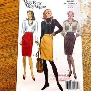 May include: A sewing pattern for three skirts, with a black and white illustration of three women wearing the skirts. The pattern is for sizes 8-10-12 and is called "Very Easy Very Vogue" with the pattern number 8140.