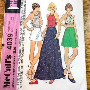 May include: Vintage McCall's sewing pattern 4039 showing three halter top and skirt designs. The pattern includes a plaid top with a white skirt, a red polka dot top with a long blue skirt, and a floral top with a green skirt.