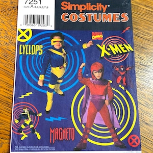May include: Simplicity Costumes pattern featuring X-Men characters Cyclops and Magneto. The cover shows illustrations of the characters in their costumes. The pattern includes sizes A 3, 4, 5, 6, 7, and 8.