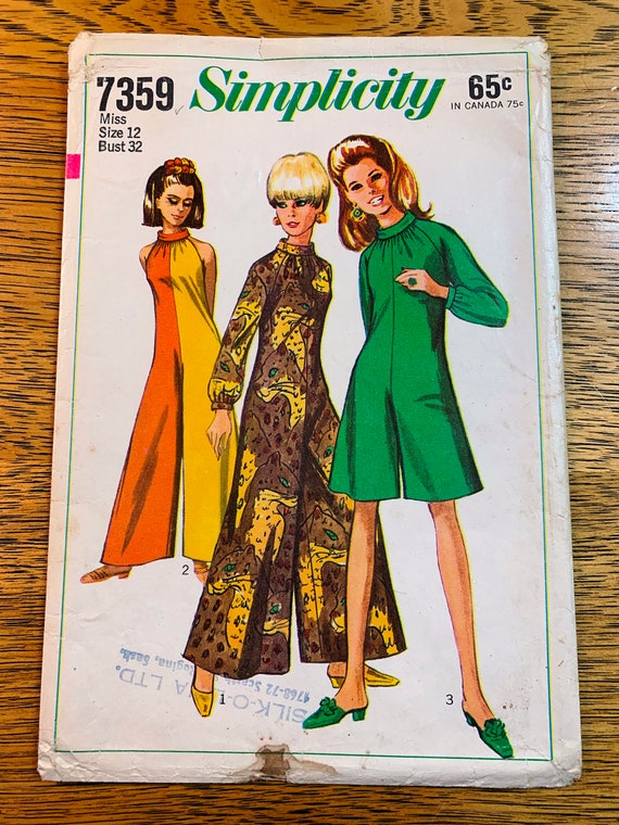 Funky 1960s Wide Leg Halter Jumpsuit, Color Block Pant Dress Size 12 bust  32 VINTAGE Sewing Pattern Simplicity 7359 