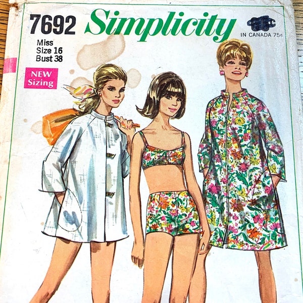 MOD 1960s Bikini Bathing Suit and A Line Beach Dress - Size 16 (Bust 38") - VINTAGE Sewing Pattern Simplicity 7692