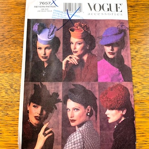 May include: Vogue Accessories pattern showcasing six vintage hat designs. The hats are in diverse styles and colours, including purple, orange, and black, with veils and decorative elements. The Vogue logo is visible at the top.
