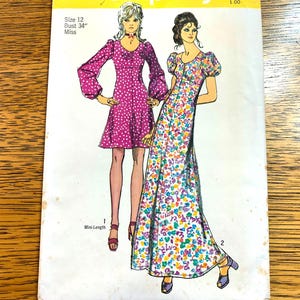 1970's Empire Line MAXI or Mini Dress with Puff Sleeves - Size 12 (Bust 34") - VINTAGE Sewing Pattern Simplicity 9446