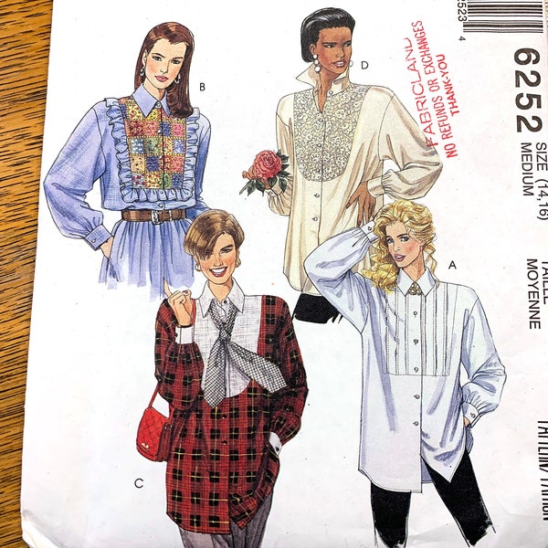 1990s Boxy Tuxedo Shirt, Drop Shoulder Blouse - Size Medium (12 - 14) - UNCUT ff Sewing Pattern McCalls 6252