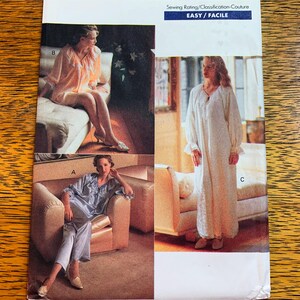 May include: A sewing pattern featuring three different styles of sleepwear. The pattern includes a long nightgown, a short nightgown, and pyjamas. The pattern is labelled "Easy/Facile".