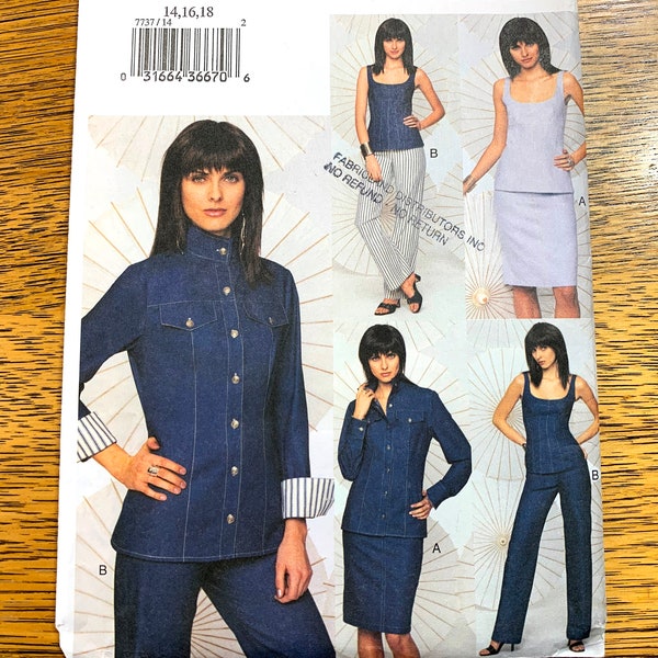 Y2K Fitted Jean Jacket, Seamed Tank Top, Pencil Skirt & Tapered Pants - Size (14 - 16 - 18) - UNCUT ff Sewing Pattern Vogue 7737