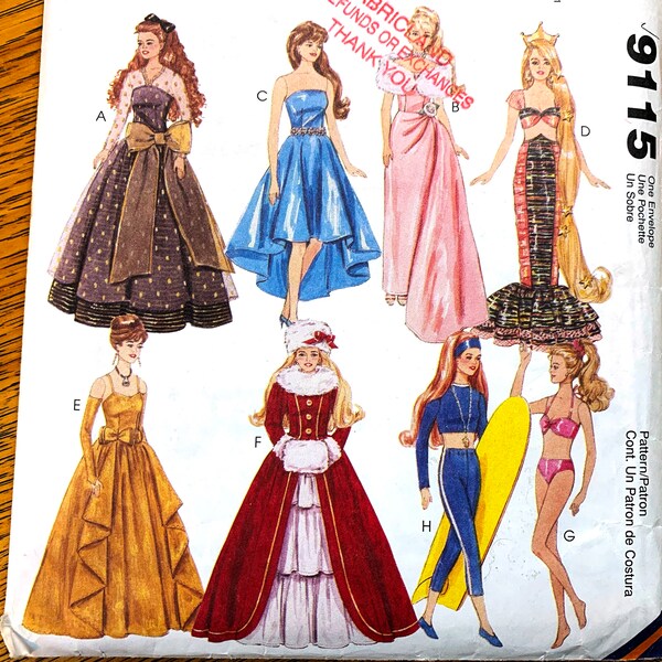 11.5" Fashion Doll Fancy Evening Gowns, Mermaid Costume, Bikini & Surfer Outfit - VINTAGE Sewing Pattern McCalls 9115