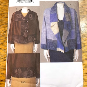 May include: A sewing pattern for two jackets. The first jacket is brown with a geometric pattern and the second jacket is blue with a patchwork design. The pattern is labelled A & B.