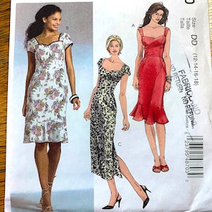 May include: A sewing pattern for three dresses. The dresses are shown in a floral print, a leopard print, and a solid red. The pattern is for sizes 12-14-16-18.