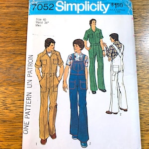 May include: Simplicity pattern 7052 showing illustrations of men's jumpsuits and overalls. The pattern includes a tan jumpsuit, blue denim overalls, a green jumpsuit, and white overalls. The pattern size is 40 with a 86 cm waist.