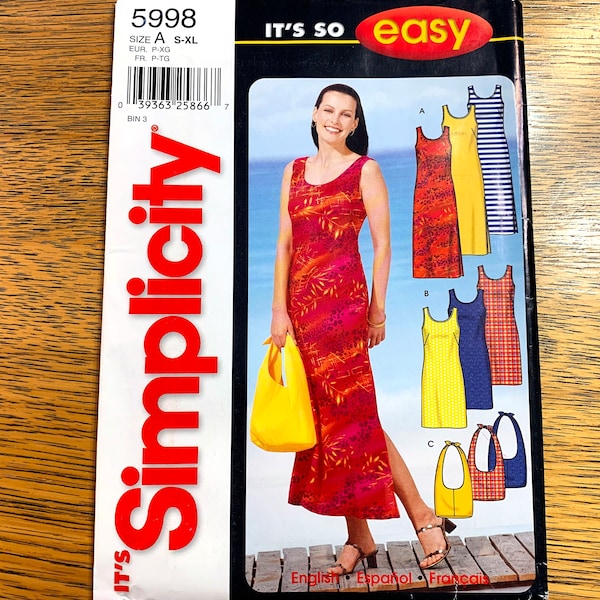 Y2K Easy Sleeveless Shift Dress, A Line Tank Dress and Hobo Bag - Sizes (S - Xl) - UNCUT ff Sewing Pattern Simplicity 5998