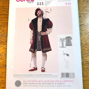 May include: A Burda Style sewing pattern for a Renaissance costume, with an illustration of the outfit. The pattern includes sizes EUR 46-60 and US 36-50. The package has text in English, French, and Spanish.