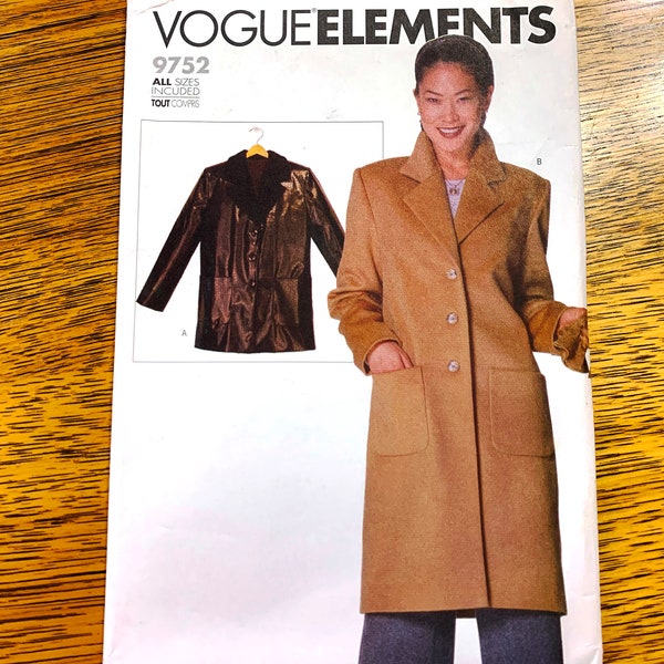 Y2K Straight Jacket or Hip Length Lined Coat - Elements Design - All Sizes Included - UNCUT ff Sewing Pattern Vogue 9752