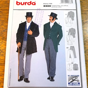 1848 HISTORICAL Dickensian Costume: Cut Away Coat, Fall Front Trousers, Vest - Men&#39;s Size (36 - 50) - UNCUT ff Sewing Pattern Burda 2767