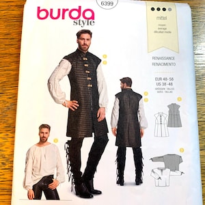Peut inclure: Un patron de couture pour un gilet et une chemise de style Renaissance. Le patron comprend des instructions pour réaliser un long gilet noir à motif à carreaux et une chemise blanche à col plissé. Le patron est pour les tailles EUR 48-58 et US 38-48.