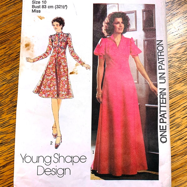 DESIGNER 70s Puff Sleeve Maxi Dress, Modest Empire Line Frock - Size 10 (Bust 32.5") - VINTAGE Sewing Pattern Style 1265